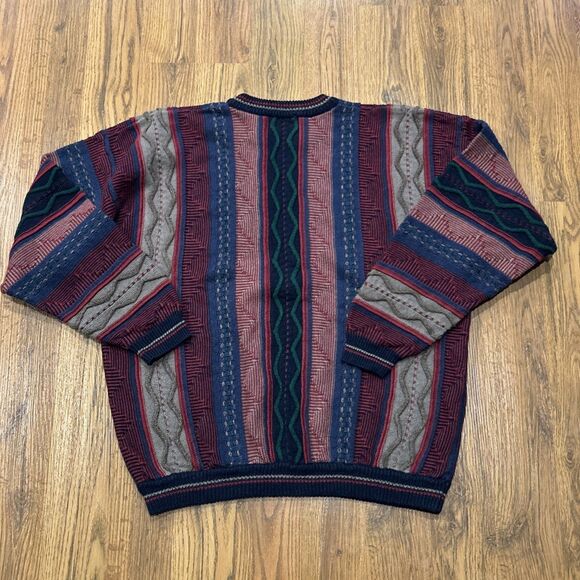 Cotton Traders Sweater Mens Large Vintage Coogi Style 3D Knit 90s Red Blue Tan - Picture 8 of 8